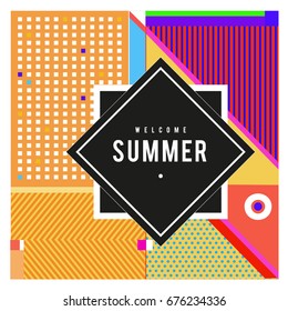 Trendy flat geometric vector banners. Vivid colorful banners in retro poster design style. Vintage colors and shapes Summer holiday theme.