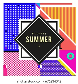 Trendy flat geometric vector banners. Vivid colorful banners in retro poster design style. Vintage colors and shapes Summer holiday theme.