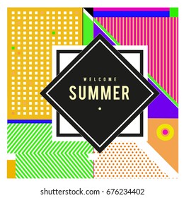 Trendy flat geometric vector banners. Vivid colorful banners in retro poster design style. Vintage colors and shapes Summer holiday theme.