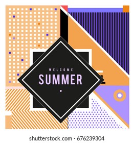 Trendy flat geometric vector banners. Vivid colorful banners in retro poster design style. Vintage colors and shapes Summer holiday theme.