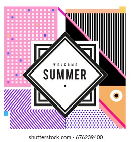 Trendy flat geometric vector banners. Vivid colorful banners in retro poster design style. Vintage colors and shapes Summer holiday theme.