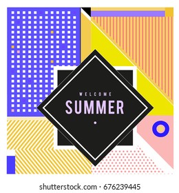 Trendy flat geometric vector banners. Vivid colorful banners in retro poster design style. Vintage colors and shapes Summer holiday theme.