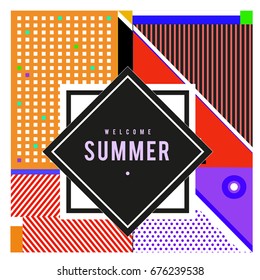 Trendy flat geometric vector banners. Vivid colorful banners in retro poster design style. Vintage colors and shapes Summer holiday theme.