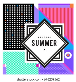 Trendy flat geometric vector banners. Vivid colorful banners in retro poster design style. Vintage colors and shapes Summer holiday theme.