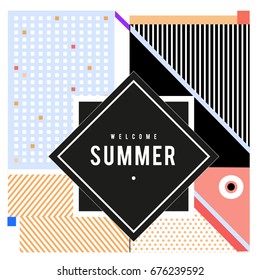 Trendy flat geometric vector banners. Vivid colorful banners in retro poster design style. Vintage colors and shapes Summer holiday theme.