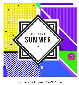 Trendy flat geometric vector banners. Vivid colorful banners in retro poster design style. Vintage colors and shapes Summer holiday theme.