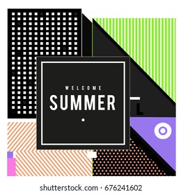 Trendy flat geometric vector banners. Vivid colorful banners in retro poster design style. Vintage colors and shapes Summer holiday theme.