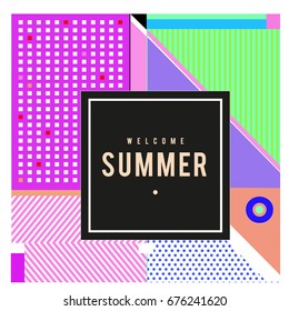 Trendy flat geometric vector banners. Vivid colorful banners in retro poster design style. Vintage colors and shapes Summer holiday theme.