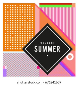 Trendy flat geometric vector banners. Vivid colorful banners in retro poster design style. Vintage colors and shapes Summer holiday theme.