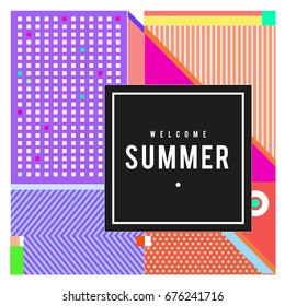Trendy flat geometric vector banners. Vivid colorful banners in retro poster design style. Vintage colors and shapes Summer holiday theme.