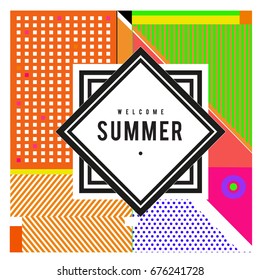 Trendy flat geometric vector banners. Vivid colorful banners in retro poster design style. Vintage colors and shapes Summer holiday theme.