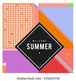 Trendy flat geometric vector banners. Vivid colorful banners in retro poster design style. Vintage colors and shapes Summer holiday theme.