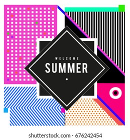 Trendy flat geometric vector banners. Vivid colorful banners in retro poster design style. Vintage colors and shapes Summer holiday theme.