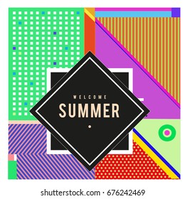Trendy flat geometric vector banners. Vivid colorful banners in retro poster design style. Vintage colors and shapes Summer holiday theme.