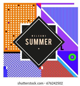 Trendy flat geometric vector banners. Vivid colorful banners in retro poster design style. Vintage colors and shapes Summer holiday theme.