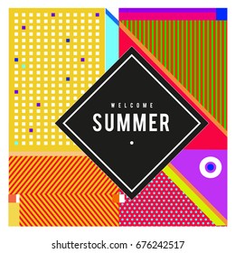 Trendy flat geometric vector banners. Vivid colorful banners in retro poster design style. Vintage colors and shapes Summer holiday theme.