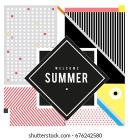 Trendy flat geometric vector banners. Vivid colorful banners in retro poster design style. Vintage colors and shapes Summer holiday theme.
