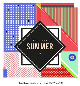 Trendy flat geometric vector banners. Vivid colorful banners in retro poster design style. Vintage colors and shapes Summer holiday theme.