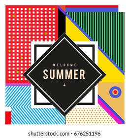Trendy flat geometric vector banners. Vivid colorful banners in retro poster design style. Vintage colors and shapes Summer holiday theme.