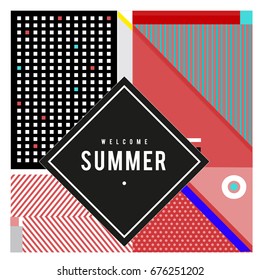 Trendy flat geometric vector banners. Vivid colorful banners in retro poster design style. Vintage colors and shapes Summer holiday theme.