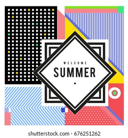 Trendy flat geometric vector banners. Vivid colorful banners in retro poster design style. Vintage colors and shapes Summer holiday theme.