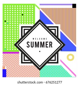 Trendy flat geometric vector banners. Vivid colorful banners in retro poster design style. Vintage colors and shapes Summer holiday theme.