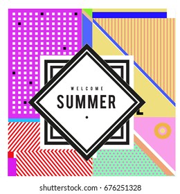 Trendy flat geometric vector banners. Vivid colorful banners in retro poster design style. Vintage colors and shapes Summer holiday theme.