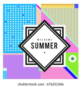 Trendy flat geometric vector banners. Vivid colorful banners in retro poster design style. Vintage colors and shapes Summer holiday theme.