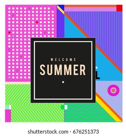 Trendy flat geometric vector banners. Vivid colorful banners in retro poster design style. Vintage colors and shapes Summer holiday theme.