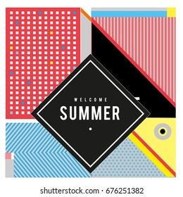 Trendy flat geometric vector banners. Vivid colorful banners in retro poster design style. Vintage colors and shapes Summer holiday theme.