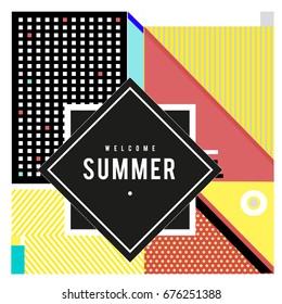 Trendy flat geometric vector banners. Vivid colorful banners in retro poster design style. Vintage colors and shapes Summer holiday theme.