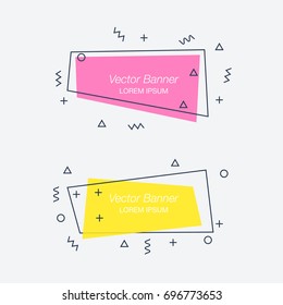 Trendy flat geometric vector banners. Vivid transparent banners in retro poster design style. Vintage colors and shapes.