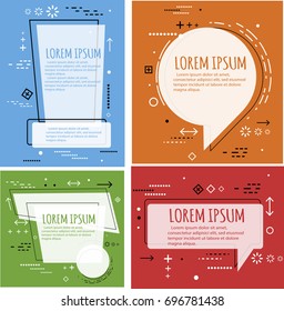 Trendy flat geometric vector banners set. Vivid transparent poster in retro linear design style. Vintage colors and shapes. Template with space for text for commercial advertising.