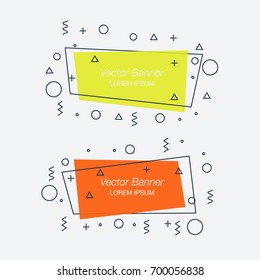 Trendy flat geometric vector banners. Vivid transparent banners in retro poster design style. Vintage colors and shapes.