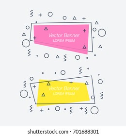 Trendy flat geometric vector banners. Vivid transparent banners in retro poster design style. Vintage colors and shapes.