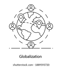 Trendy flat globalization icon, globe with location pins 