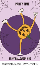 Trendy flat Halloween poster cover design. Sketch line style Groovy Helloween dance pumpkin. Minimal geometric vector aesthetic ideal for social media art.