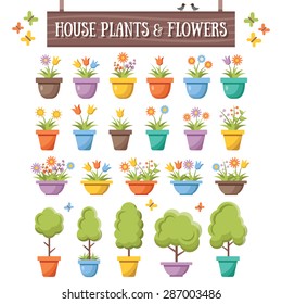 Trendy flat house plants, trees and flowers set. Beautiful plants and flowers in colorful pots. Flat design concepts. Creative vector illustration