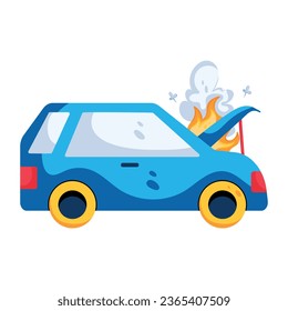 Trendy flat icon depicting a burning car 