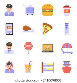 Trendy Flat Icons of Hotel and Restaurant Services

