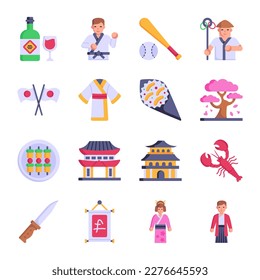 Trendy Flat Icons of Japanese Food and Culture

