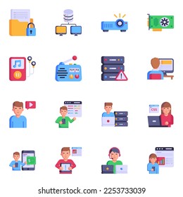 Iconos planos de moda de multimedia y tecnología 

