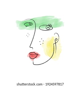Ilustración plana de moda. Cara abstracta. Retrato de mujer dibujada a mano en un estilo minimalista moderno. Línea de carbón vegetal. Manchas acuáticas. La plantilla para el diseño funciona. Gráficos vectoriales.
