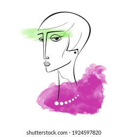 Trendy flat illustration. Abstract face. Hand drawn woman portrait in trendy minimalistic style. Charcoal line. Watercolor spots. Template for your design works. Vector graphics.