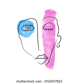 Trendy flat illustration. Abstract face. Hand drawn woman portrait in trendy minimalistic style. Charcoal line. Watercolor spots. Template for your design works. Vector graphics.