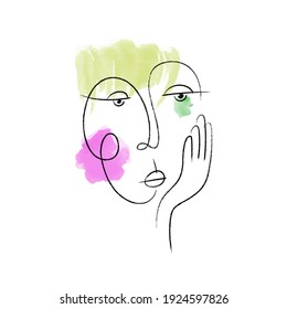Trendy flat illustration. Abstract face. Hand drawn woman portrait in trendy minimalistic style. Charcoal line. Watercolor spots. Template for your design works. Vector graphics.