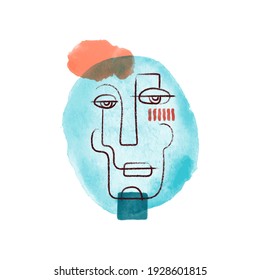 Trendy flache Illustration. Abstraktes Gesicht. Handgezeichnetes menschliches Portrait im trendigen minimalistischen Stil. Kohleleitung. Aquarellpunkte Vorlage für Ihr Design funktioniert. Vektorgrafiken.