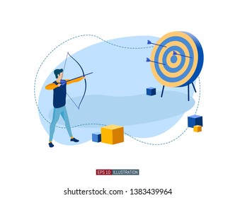 Trendy flat illustration. Archer aims at the target. Working on achieving the goal mataphor. Template for your design works. Vector graphics.