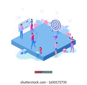 Trendy flat illustration. Archer aims at the target. The team is working on achieving the goal together. Template for your design works. Vector graphics.