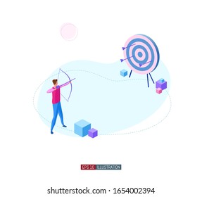 Trendy flat illustration. Archer aims at the target. Working on achieving the goal mataphor. Template for your design works. Vector graphics.